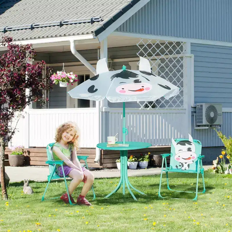 Set tavolo e sedie per bambini, mobili da giardino pieghevoli per esterni, tavolo da picnic per patio e cortile, con ombrellone rimovibile e regolabile in altezza