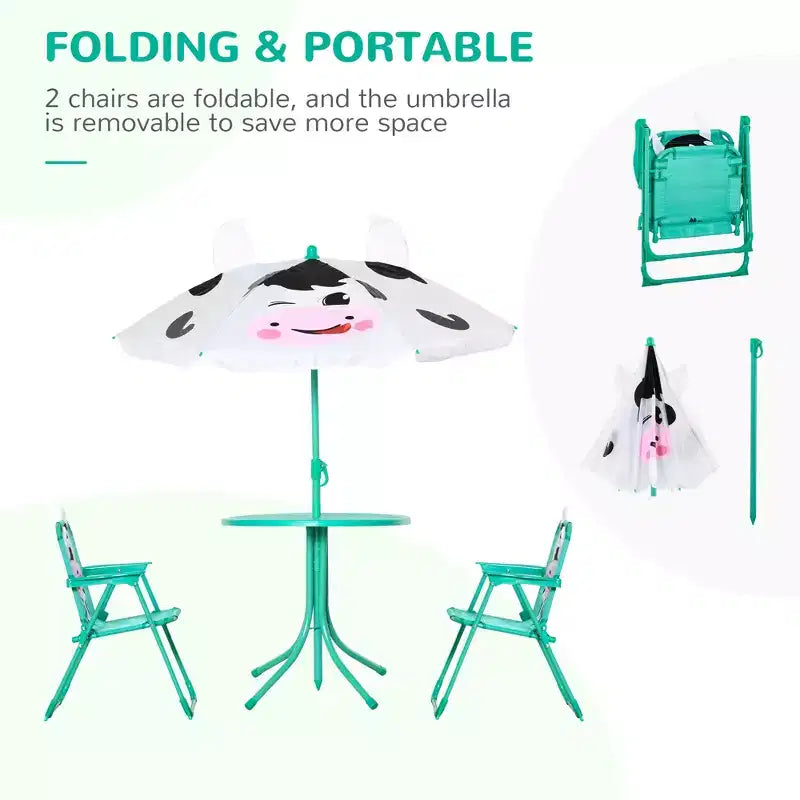 Set tavolo e sedie per bambini, mobili da giardino pieghevoli per esterni, tavolo da picnic per patio e cortile, con ombrellone rimovibile e regolabile in altezza