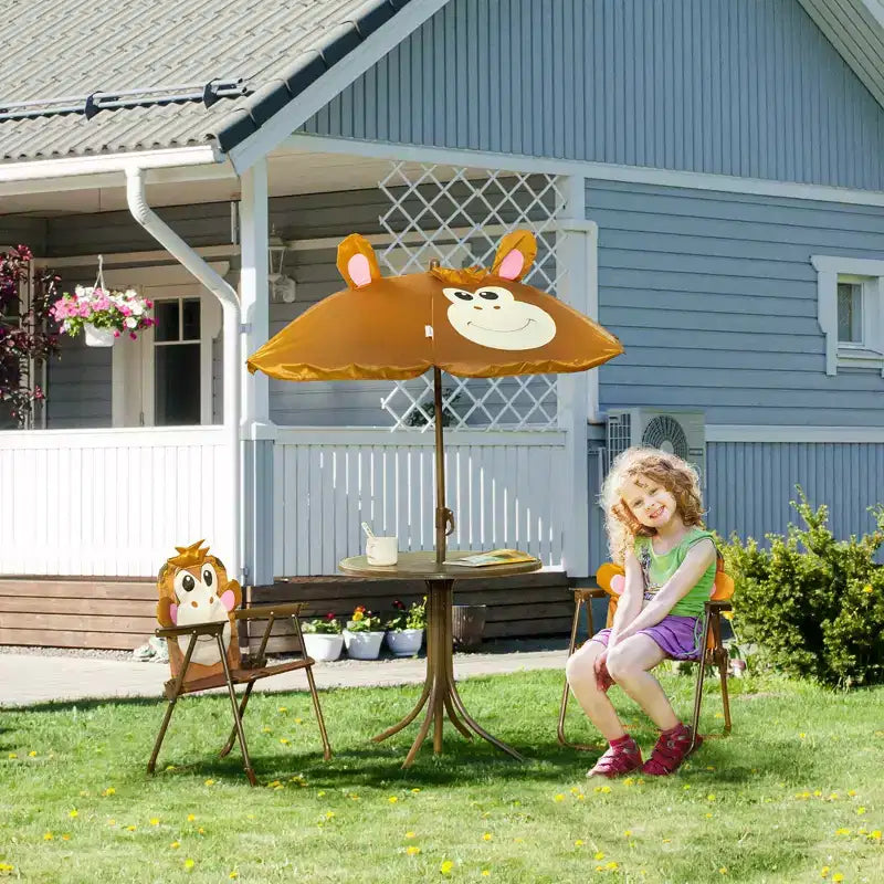 Set tavolo e sedie per bambini, mobili da giardino pieghevoli per esterni, tavolo da picnic per patio e cortile, con ombrellone rimovibile e regolabile in altezza