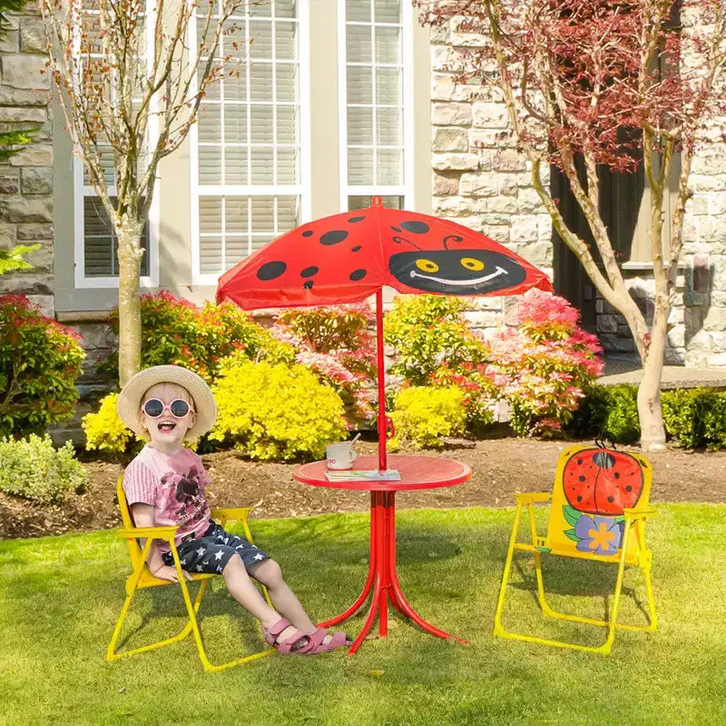 Set tavolo e sedie per bambini, mobili da giardino pieghevoli per esterni, tavolo da picnic per patio e cortile, con ombrellone rimovibile e regolabile in altezza