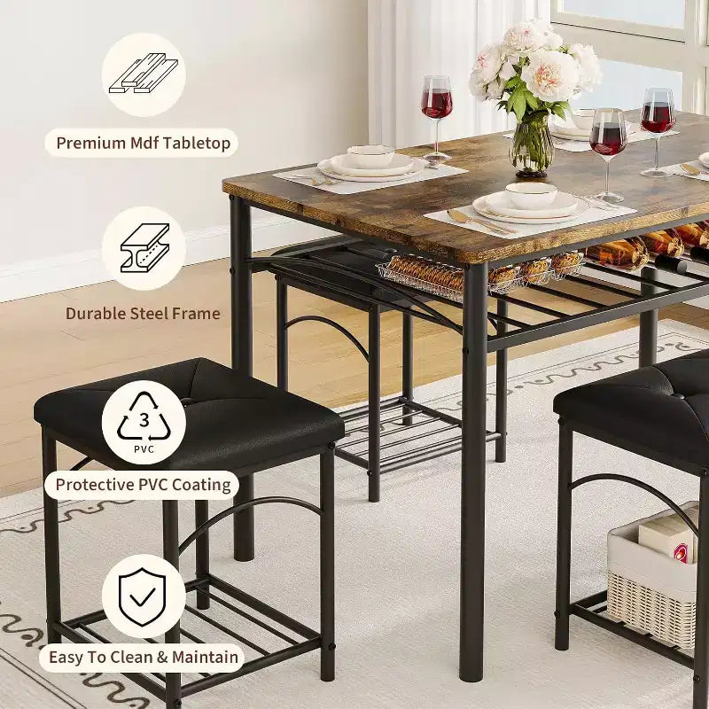 Set da pranzo per 4 persone, tavolo da cucina con panca imbottita e 2 sgabelli, con scaffale portaoggetti e struttura in metallo per piccoli spazi