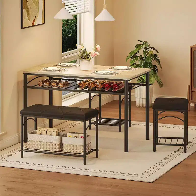 Set da pranzo per 4 persone, tavolo da cucina con panca imbottita e 2 sgabelli, con scaffale portaoggetti e struttura in metallo per piccoli spazi