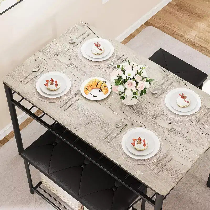Set da pranzo per 4 persone, tavolo da cucina con panca imbottita e 2 sgabelli, con scaffale portaoggetti e struttura in metallo per piccoli spazi