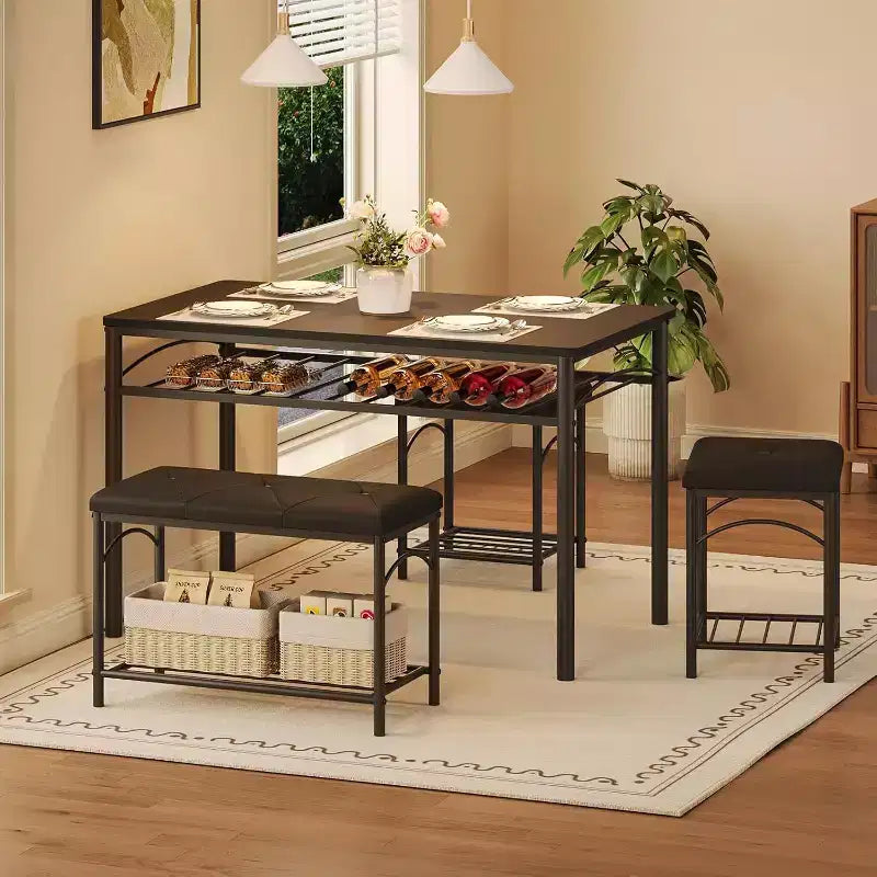 Set da pranzo per 4 persone, tavolo da cucina con panca imbottita e 2 sgabelli, con scaffale portaoggetti e struttura in metallo per piccoli spazi