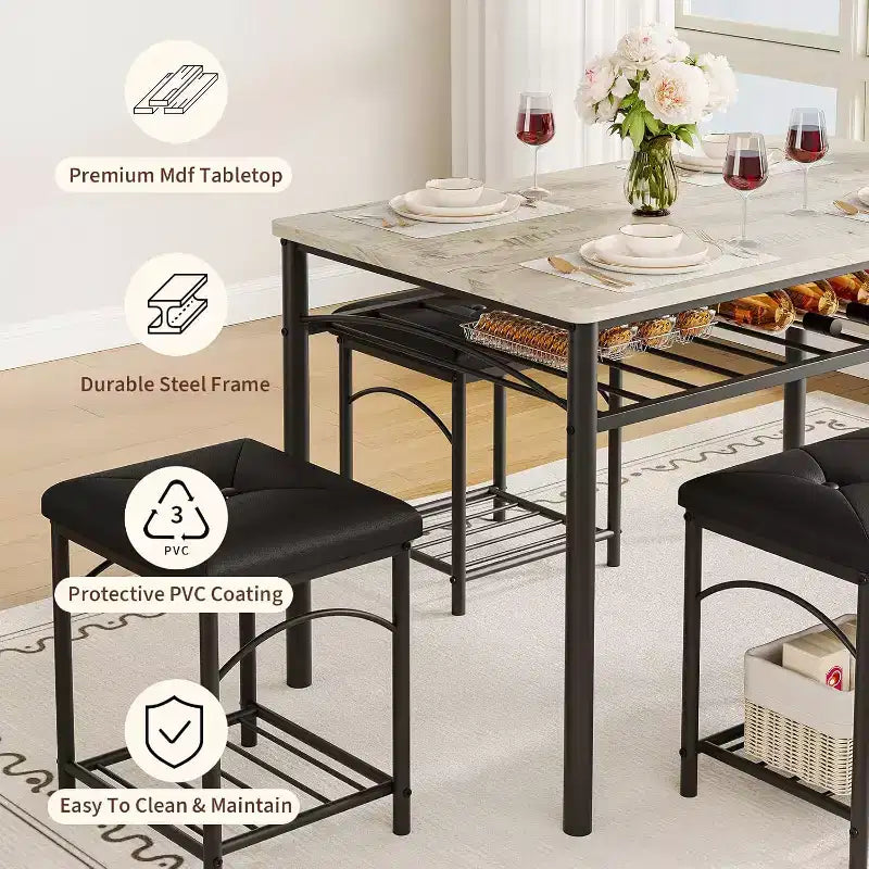Set da pranzo per 4 persone, tavolo da cucina con panca imbottita e 2 sgabelli, con scaffale portaoggetti e struttura in metallo per piccoli spazi