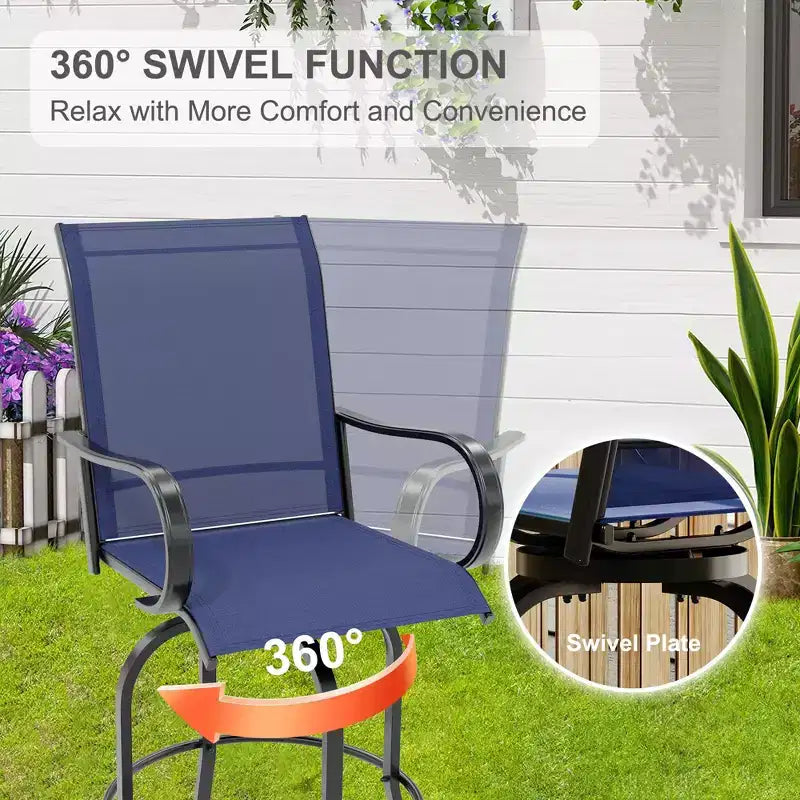 Set di mobili da bar da patio 5 pezzi, sgabelli girevoli, tavolo con piano in vetro in textilene blu, set di sedie da bar alte girevoli in textilene per tutte le stagioni