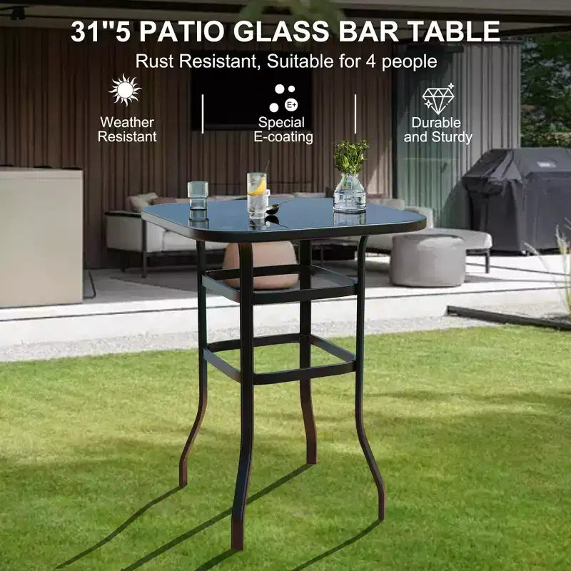 Set di mobili da bar da patio 5 pezzi, sgabelli girevoli, tavolo con piano in vetro in textilene blu, set di sedie da bar alte girevoli in textilene per tutte le stagioni
