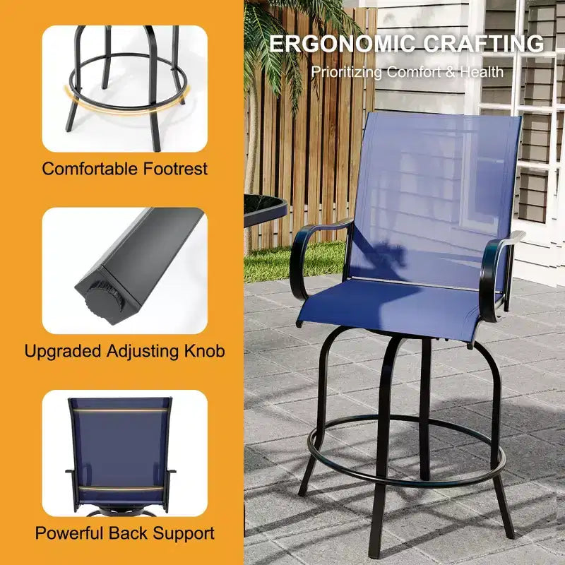 Set di mobili da bar da patio 5 pezzi, sgabelli girevoli, tavolo con piano in vetro in textilene blu, set di sedie da bar alte girevoli in textilene per tutte le stagioni