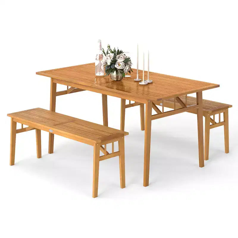 Gymax 3PCS Patio Dining Set Rectangular Picnic Table & 2 Benches w/1.97 Umbrella Hole
