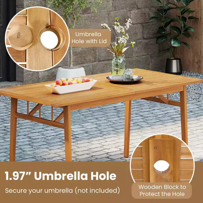 Gymax Set da Pranzo per Esterno 3 Pezzi Tavolo Rettangolare da Picnic e 2 Panche con Foro per Ombrellone da 5 cm