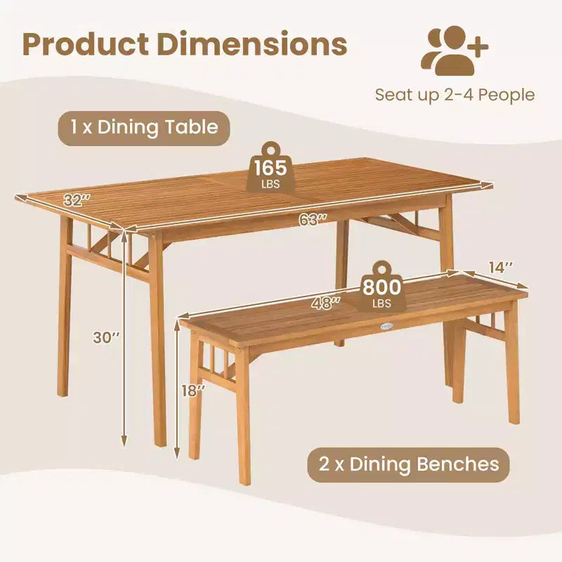 Gymax Set da Pranzo per Esterno 3 Pezzi Tavolo Rettangolare da Picnic e 2 Panche con Foro per Ombrellone da 5 cm