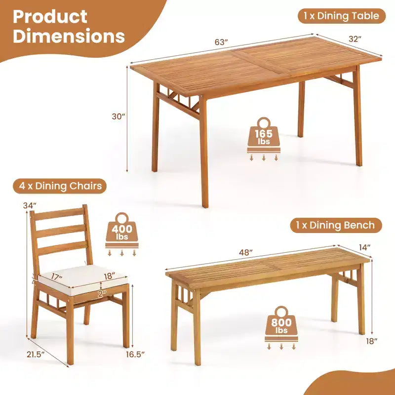 Set da pranzo da giardino Gymax 6 pz in legno di acacia con panca, foro da 5 cm per ombrellone e cuscini