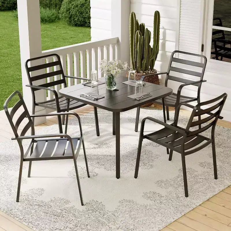 LAUSAINT HOME 5 Pieces Outdoor Dining Sets for 4, 35'' Black Metal Square Table with 1.5'' Umbrella Hole and 4 Stackable