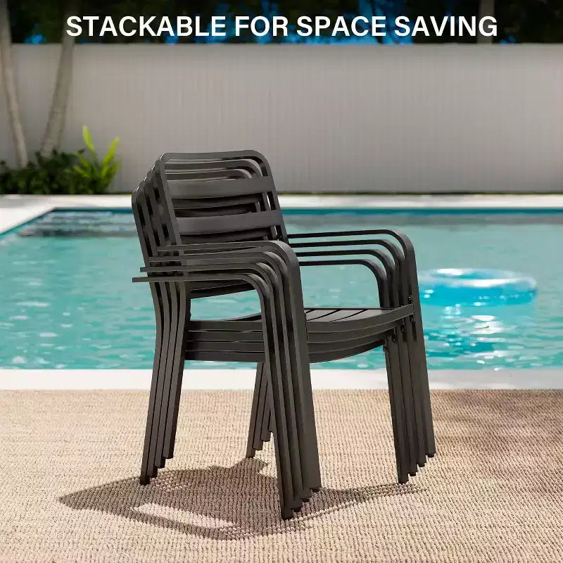 LAUSAINT HOME Set da pranzo da esterno 5 pezzi per 4 persone, tavolo quadrato in metallo nero da 35'' con foro per ombrellone da 1,5'' e 4 sedie impilabili