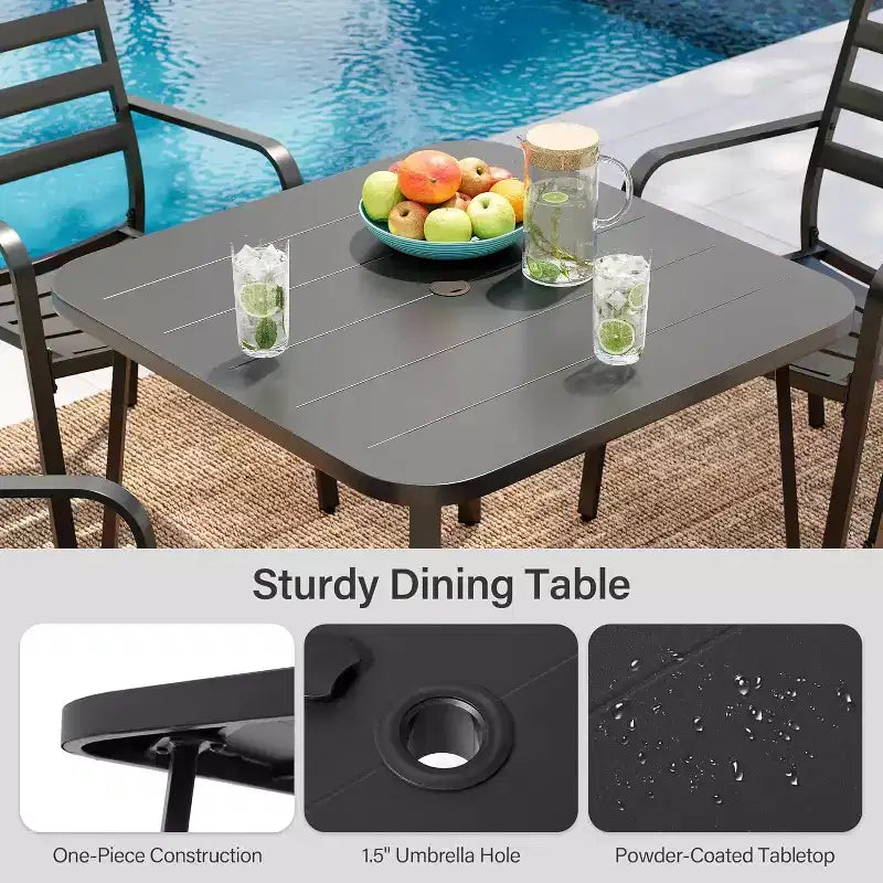 LAUSAINT HOME Set da pranzo da esterno 5 pezzi per 4 persone, tavolo quadrato in metallo nero da 35'' con foro per ombrellone da 1,5'' e 4 sedie impilabili