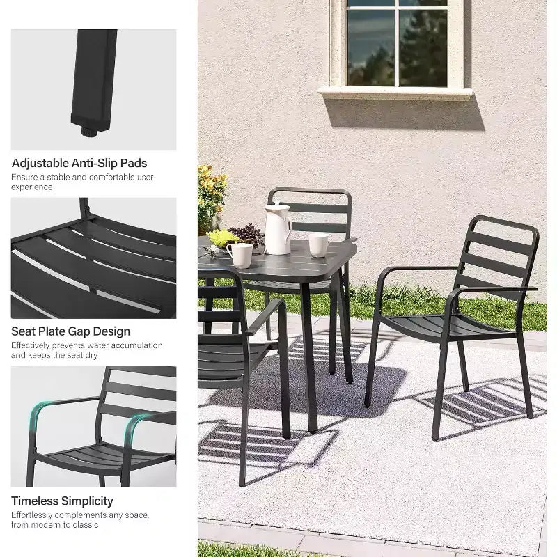 LAUSAINT HOME Set da pranzo da esterno 5 pezzi per 4 persone, tavolo quadrato in metallo nero da 35'' con foro per ombrellone da 1,5'' e 4 sedie impilabili