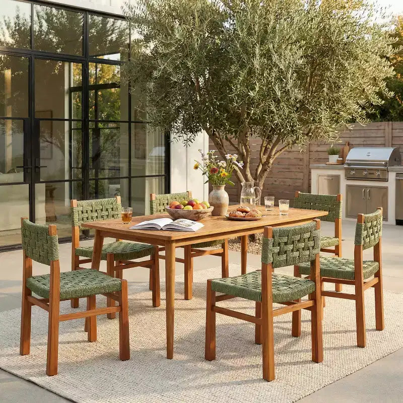 Christopher Knight Home Danette 7 Piece Outdoor Rustic Woven Wicker Acacia Wood Dining Set