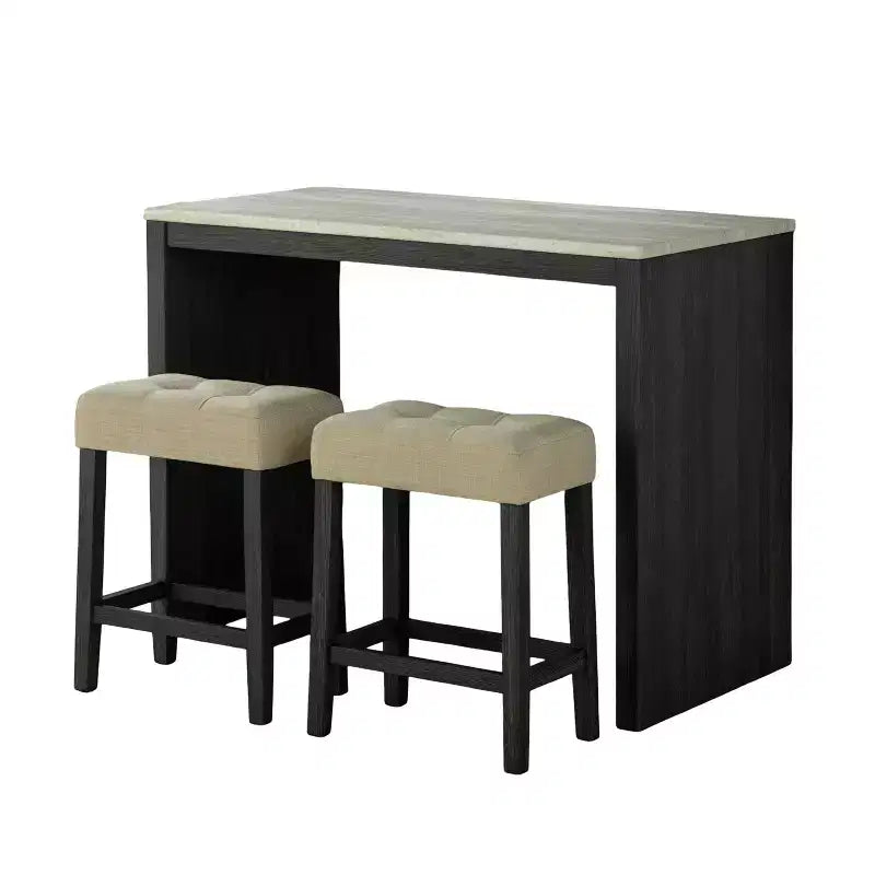 GDFStudio Hudson Set da Pranzo 3 Pezzi in Legno con Piano in Travertino, Stile Transizionale, e Sgabelli Imbottiti con Trapuntatura a Biscotto