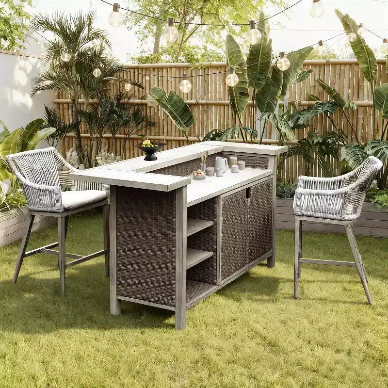 GDFStudio Viviane Farmhouse Patio 3 Piece Wicker Aluminum Bar Table Cabinet with Counter Height Stools