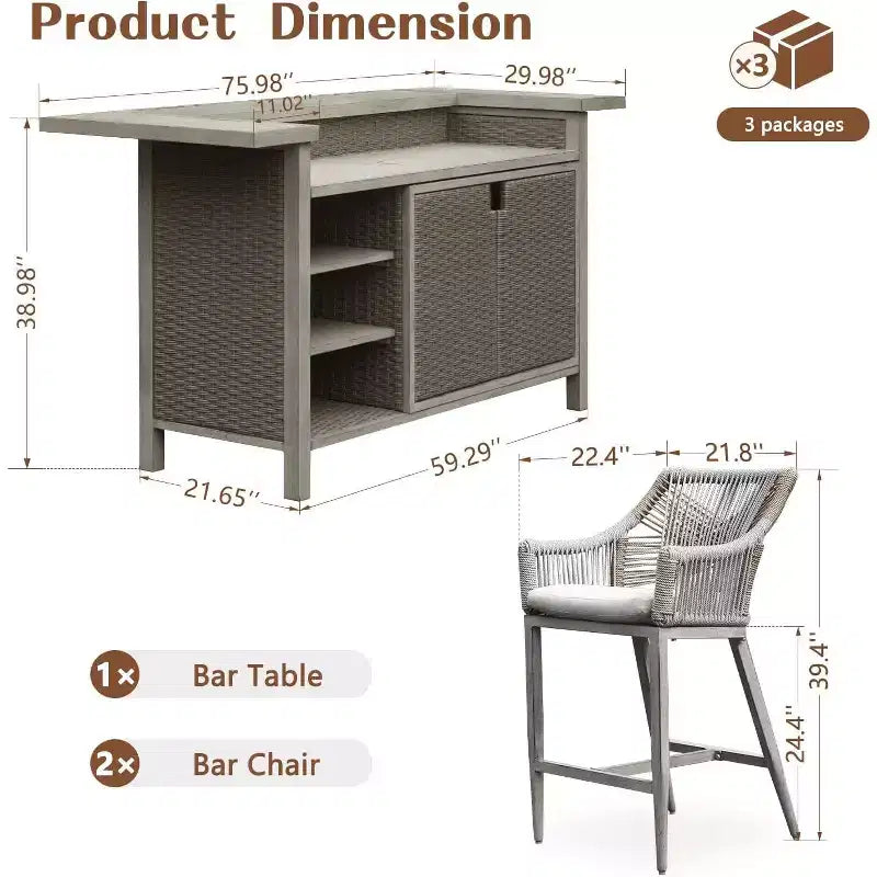 GDFStudio Viviane - Tavolo da bar in vimini e alluminio da esterno in stile rustico con 3 pezzi e sgabelli da bancone