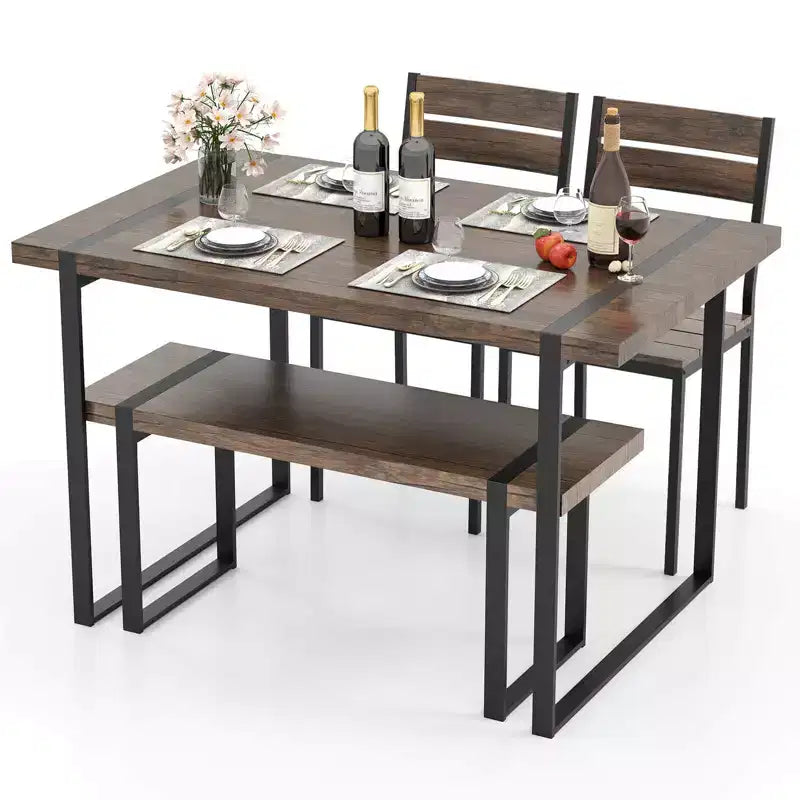 Set tavolo da pranzo Costway 47 per 4 persone, tavolo da cucina in legno con 2 sedie e panca, struttura in metallo