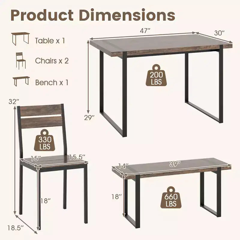 Set tavolo da pranzo Costway 47 per 4 persone, tavolo da cucina in legno con 2 sedie e panca, struttura in metallo