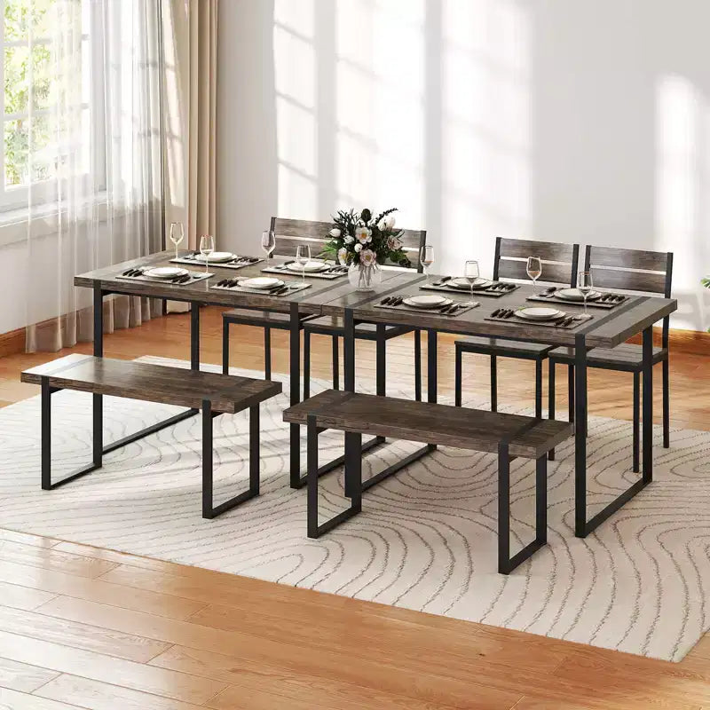 Set tavolo da pranzo Costway 47 per 4 persone, tavolo da cucina in legno con 2 sedie e panca, struttura in metallo