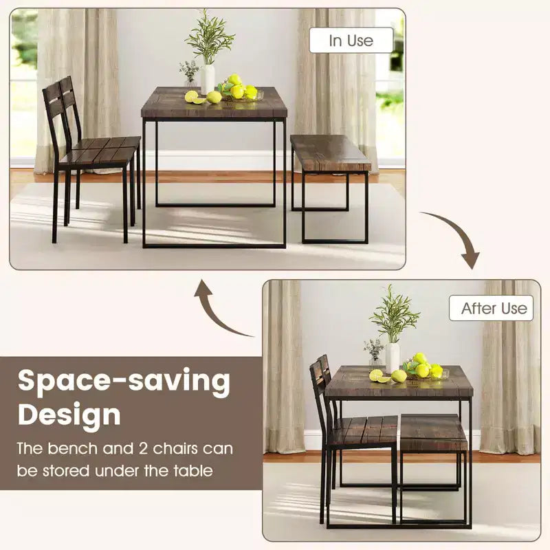 Set tavolo da pranzo Costway 47 per 4 persone, tavolo da cucina in legno con 2 sedie e panca, struttura in metallo