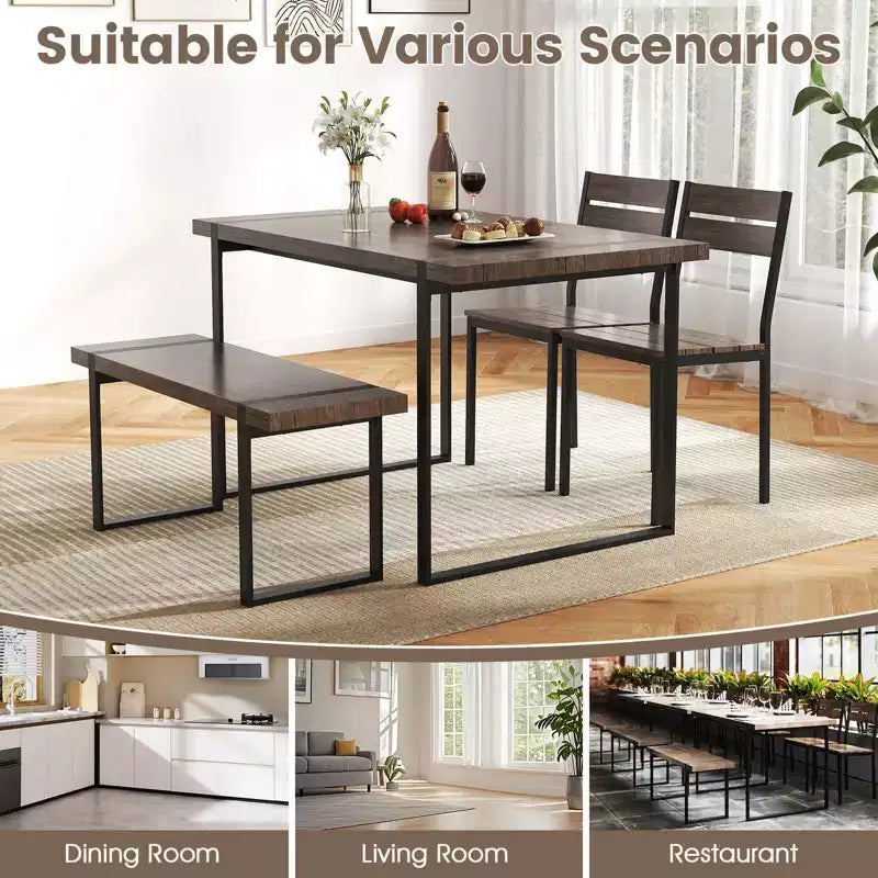 Set tavolo da pranzo Costway 47 per 4 persone, tavolo da cucina in legno con 2 sedie e panca, struttura in metallo
