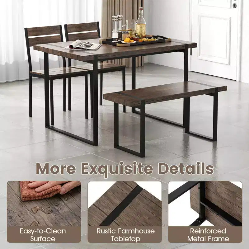 Set tavolo da pranzo Costway 47 per 4 persone, tavolo da cucina in legno con 2 sedie e panca, struttura in metallo