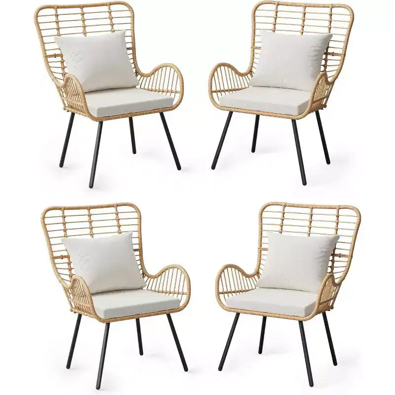Wicker Patio Chairs Set of 4, Outdoor Rattan Furniture with Cushions & Pillows, Boho Patio Chairs for Porch, Garden, All-Weather, Easy Assembly