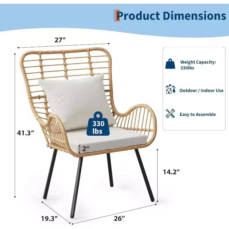 Set di 4 sedie da patio in vimini, mobili da esterno in rattan con cuscini e guanciali, sedie da patio boho per portico, giardino, per tutte le stagioni, facili da montare