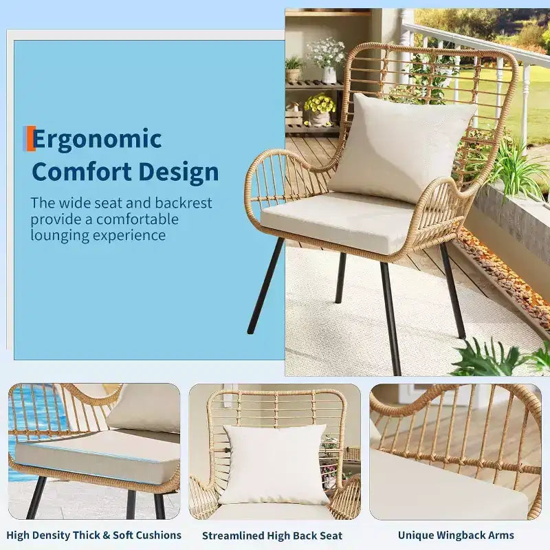 Set di 4 sedie da patio in vimini, mobili da esterno in rattan con cuscini e guanciali, sedie da patio boho per portico, giardino, per tutte le stagioni, facili da montare