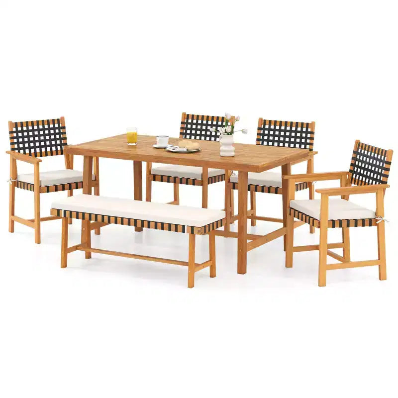 Set da pranzo da 7 pezzi per patio Costway, tavolo in legno di acacia e 6 poltrone con cuscini imbottiti
