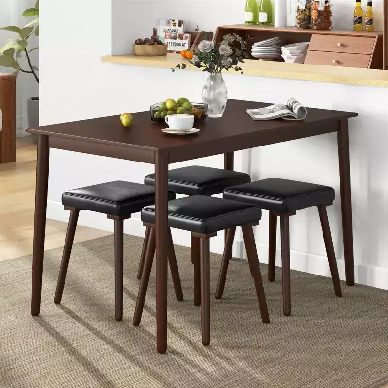 Costway Set da Pranzo 5 Pezzi per 4 Persone con 4 Sgabelli Imbottiti Gambe in Legno di Gomma per Cucina