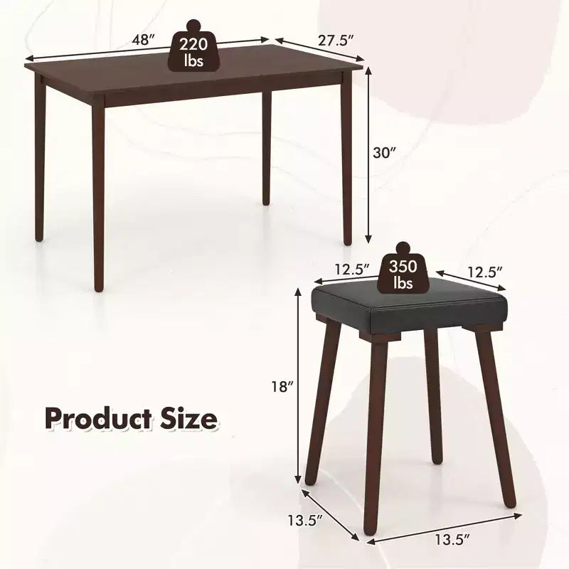 Costway Set da Pranzo 5 Pezzi per 4 Persone con 4 Sgabelli Imbottiti Gambe in Legno di Gomma per Cucina