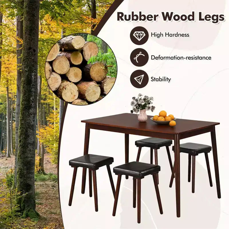 Costway Set da Pranzo 5 Pezzi per 4 Persone con 4 Sgabelli Imbottiti Gambe in Legno di Gomma per Cucina