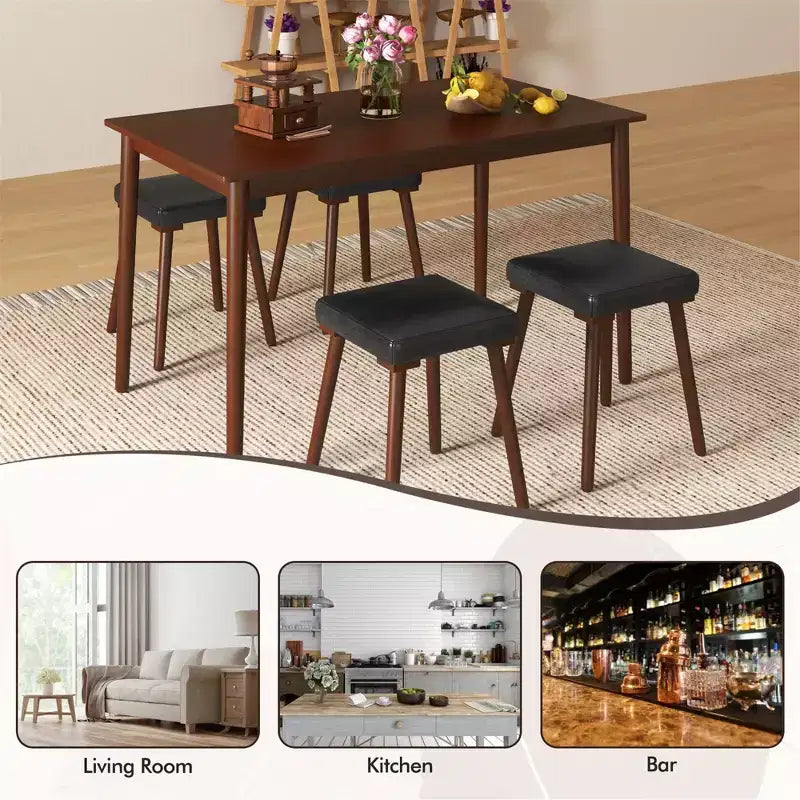 Costway Set da Pranzo 5 Pezzi per 4 Persone con 4 Sgabelli Imbottiti Gambe in Legno di Gomma per Cucina