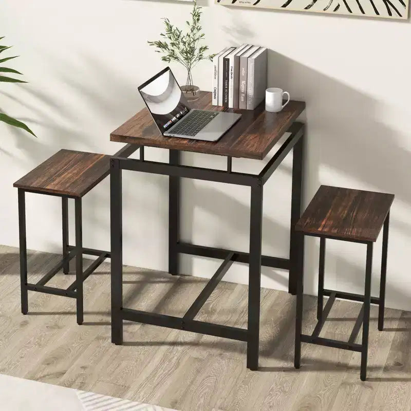 Set tavolo da bar Costway 3 pezzi, tavolo quadrato ad altezza bancone con sgabelli, piano d'appoggio flottante e poggiapiedi, set tavolo da pub industriale per piccoli spazi