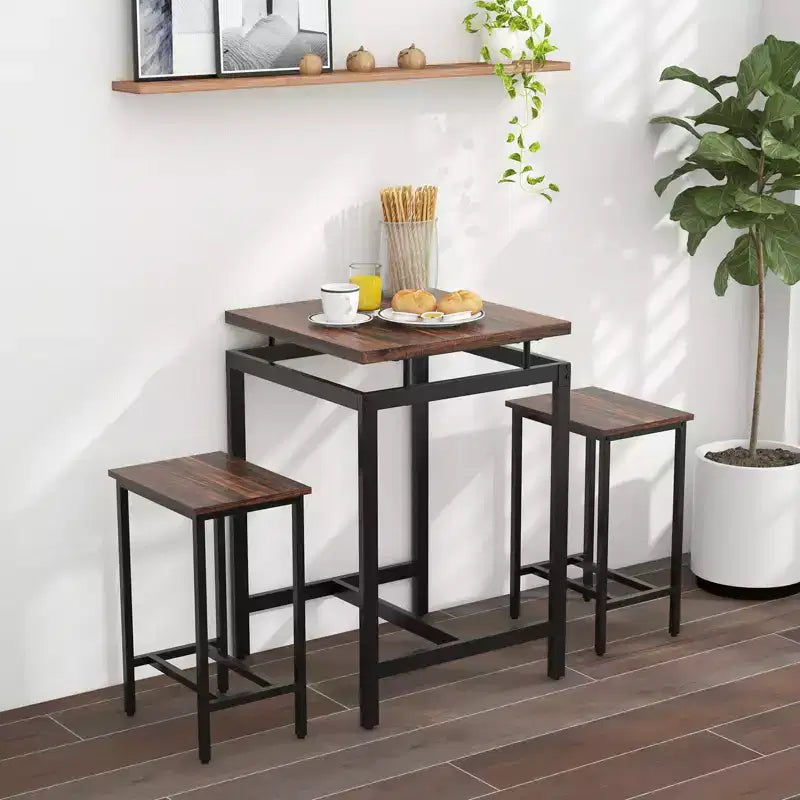 Set tavolo da bar Costway 3 pezzi, tavolo quadrato ad altezza bancone con sgabelli, piano d'appoggio flottante e poggiapiedi, set tavolo da pub industriale per piccoli spazi
