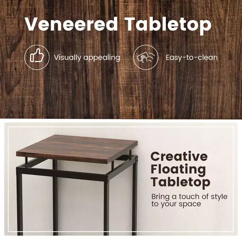 Set tavolo da bar Costway 3 pezzi, tavolo quadrato ad altezza bancone con sgabelli, piano d'appoggio flottante e poggiapiedi, set tavolo da pub industriale per piccoli spazi