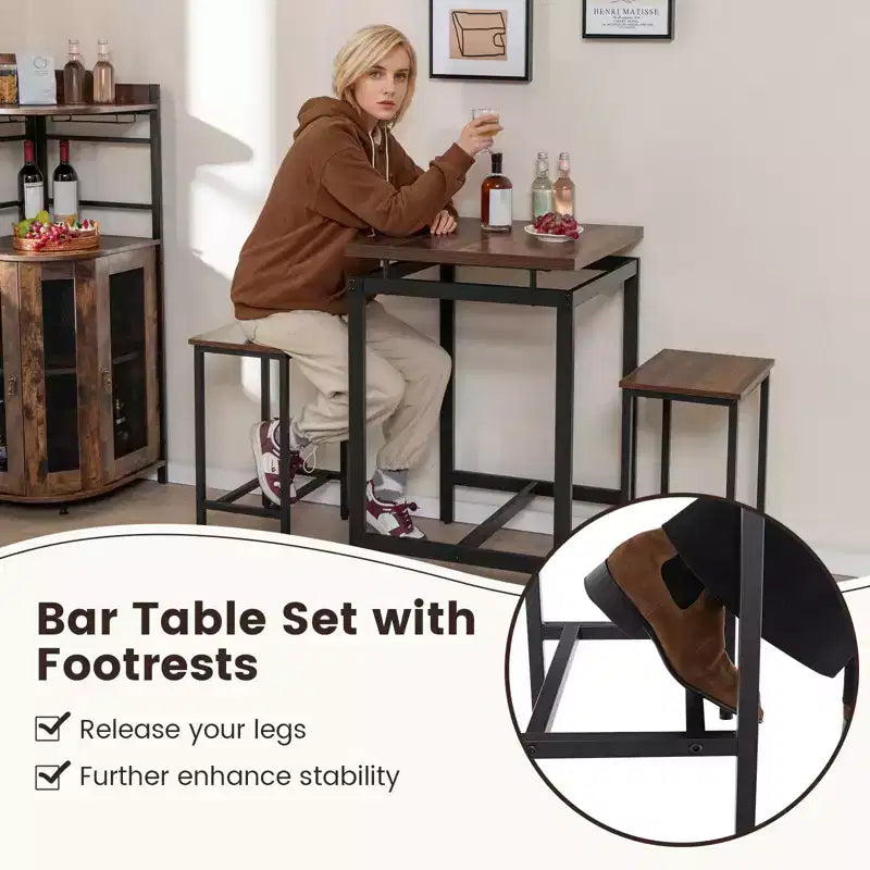 Set tavolo da bar Costway 3 pezzi, tavolo quadrato ad altezza bancone con sgabelli, piano d'appoggio flottante e poggiapiedi, set tavolo da pub industriale per piccoli spazi