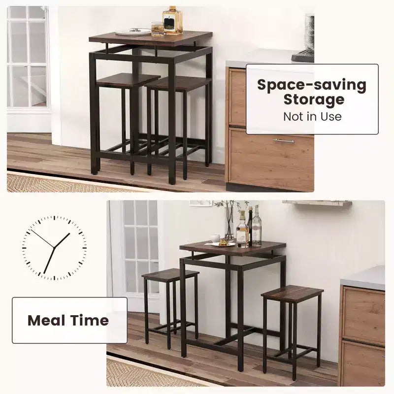 Set tavolo da bar Costway 3 pezzi, tavolo quadrato ad altezza bancone con sgabelli, piano d'appoggio flottante e poggiapiedi, set tavolo da pub industriale per piccoli spazi