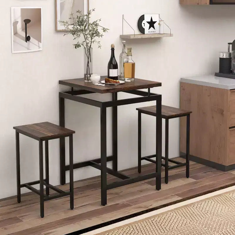Set tavolo da bar Costway 3 pezzi, tavolo quadrato ad altezza bancone con sgabelli, piano d'appoggio flottante e poggiapiedi, set tavolo da pub industriale per piccoli spazi