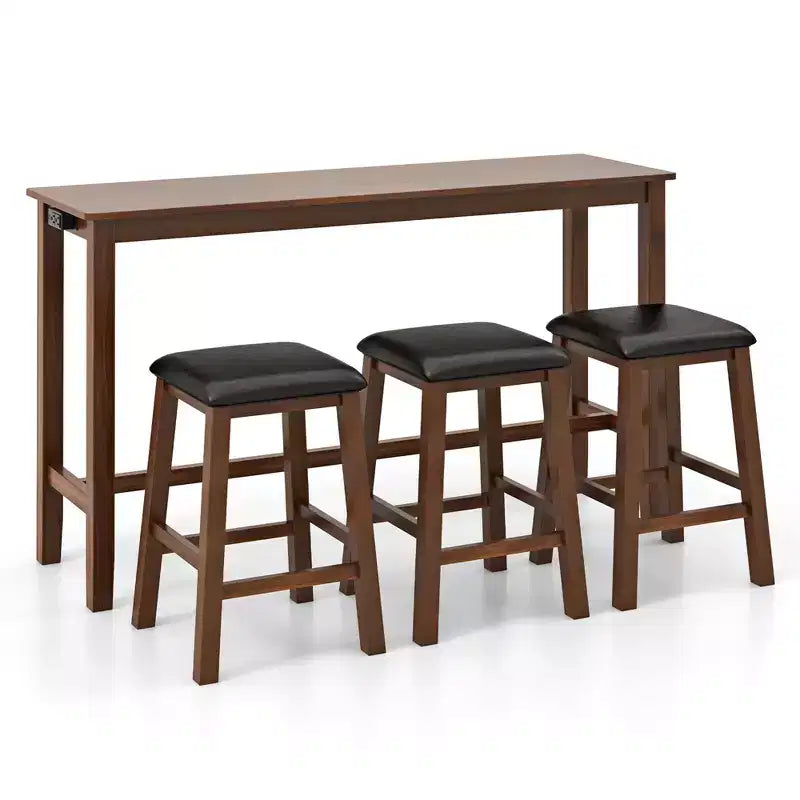 Set da 4 Pezzi con Tavolo Bar Costway, Presa di Corrente e 3 Sgabelli da Bar
