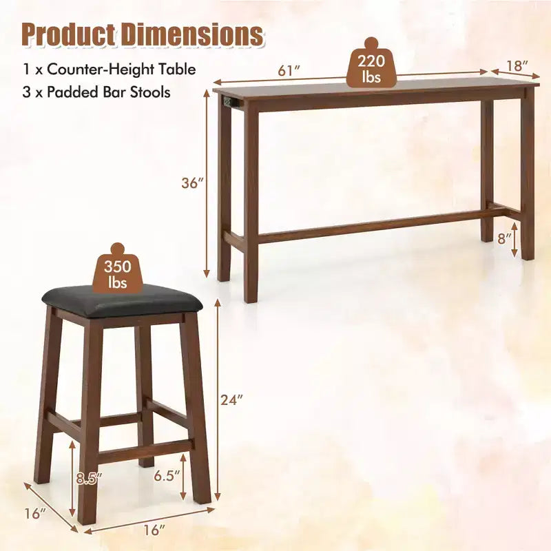 Set da 4 Pezzi con Tavolo Bar Costway, Presa di Corrente e 3 Sgabelli da Bar