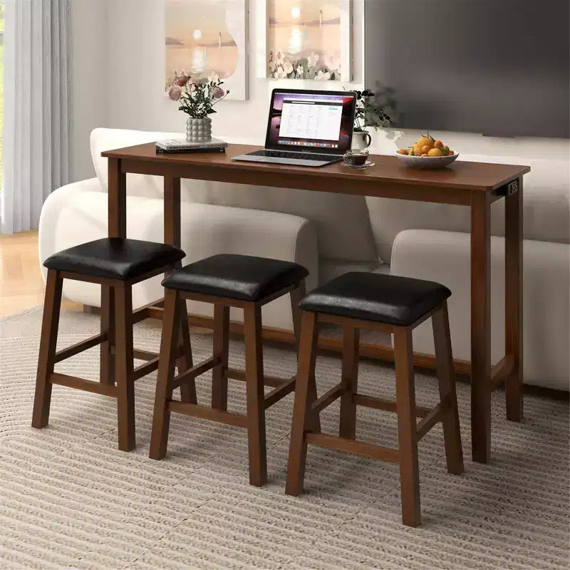 Set da 4 Pezzi con Tavolo Bar Costway, Presa di Corrente e 3 Sgabelli da Bar