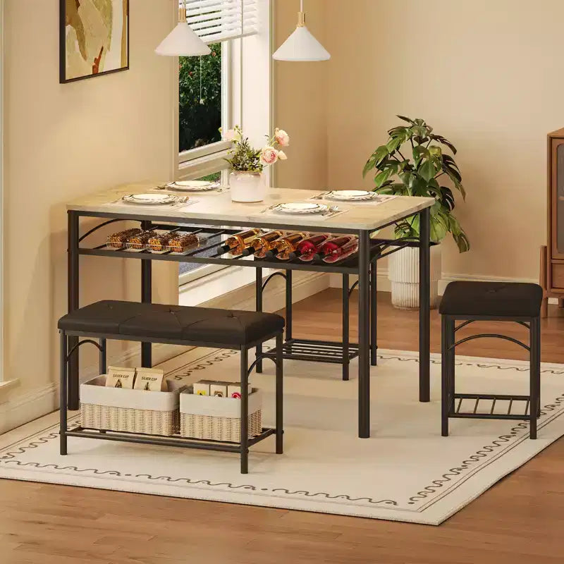 Set da pranzo di 4 pezzi con panche e sgabelli imbottiti - Tavolo da cucina compatto per appartamenti, monolocali e piccoli spazi