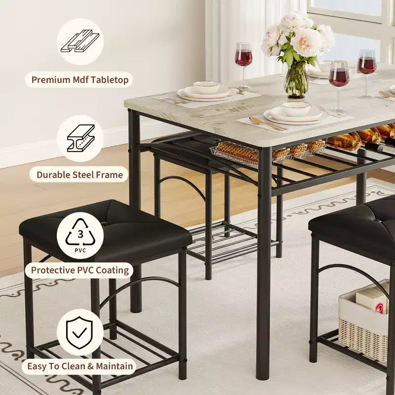 Set da pranzo di 4 pezzi con panche e sgabelli imbottiti - Tavolo da cucina compatto per appartamenti, monolocali e piccoli spazi