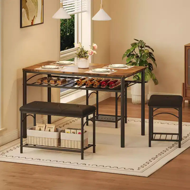Set da pranzo di 4 pezzi con panche e sgabelli imbottiti - Tavolo da cucina compatto per appartamenti, monolocali e piccoli spazi